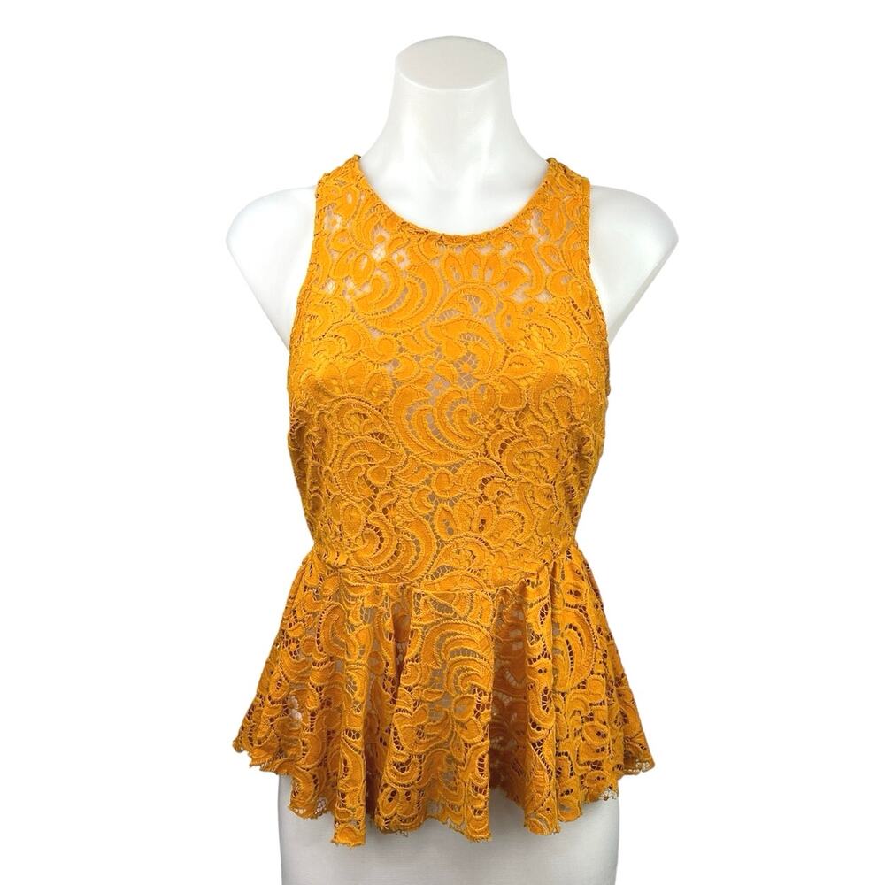 Haute Monde Orange Embroidered Lace Sleeveless Peplum Blouse Top Size M